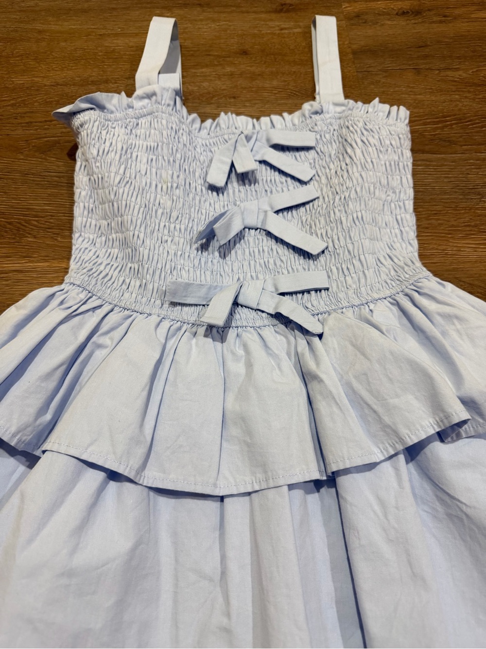 Baby Pink Blue Smocked Bow Tiered Mini Dress Size Small Coquette Cottagecore - Picture 4 of 9